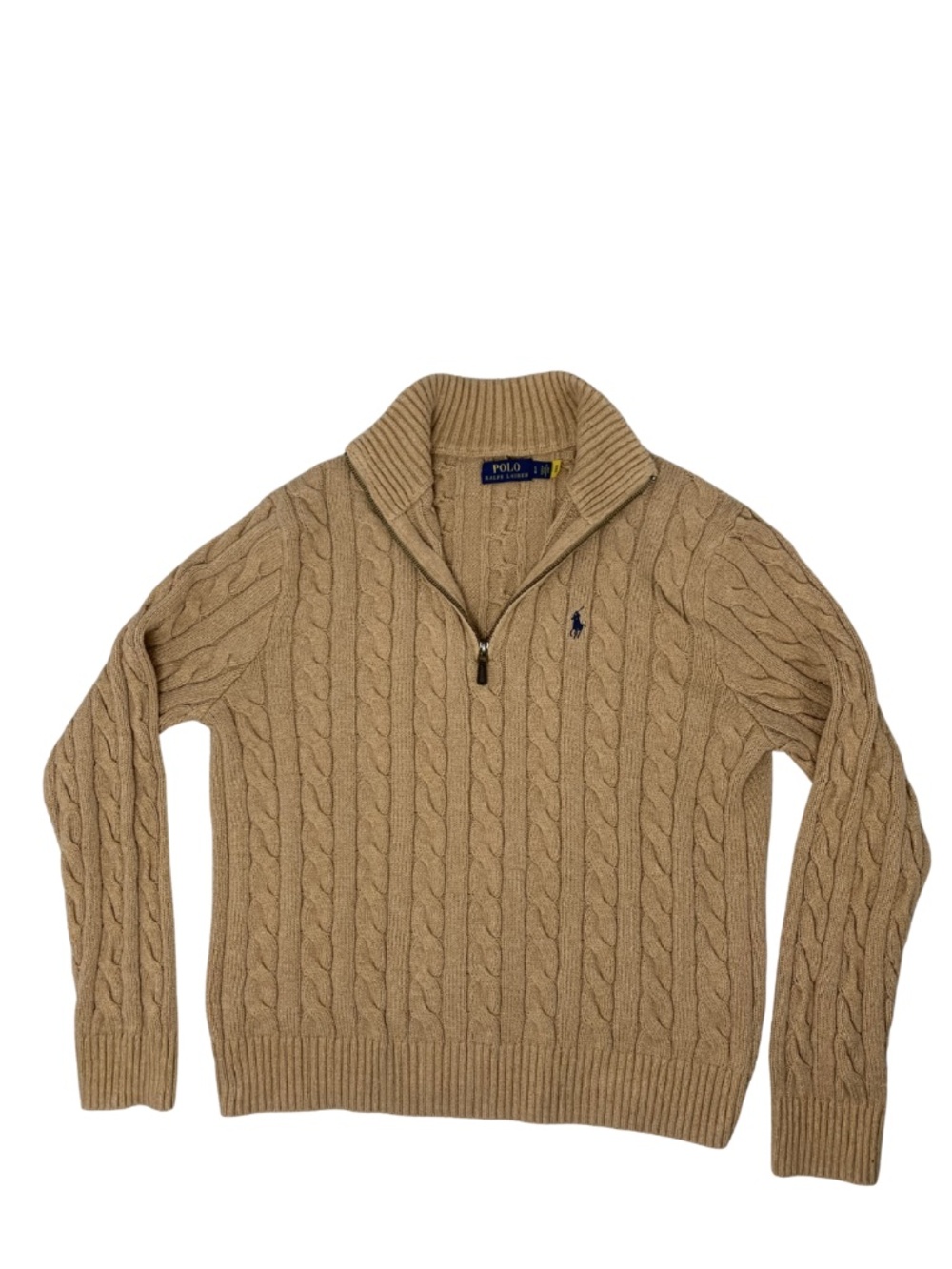 Polo Ralph Lauren Men's Camel Cable-Knit Quarter-Zip Sweater Old Money Preppy